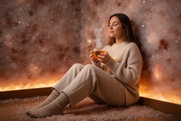 Mladá žena sedí v solné jeskyni, drží hrnek čaje, oči zavřené v meditaci, klidná atmosféra.