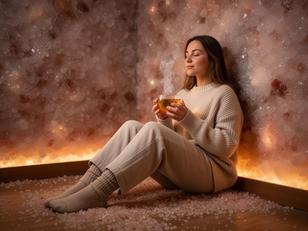 Mladá žena sedí v solné jeskyni, drží hrnek čaje, oči zavřené v meditaci, klidná atmosféra.