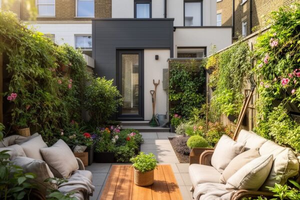 Malá městská terasa se sezením, dřevěným stolem a zelenými rostlinami na vertikální zahradě ve dne