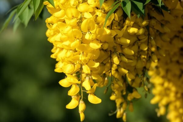 Detailní makro fotografie žlutých květů jedovaté zlatice Laburnum na zeleném pozadí