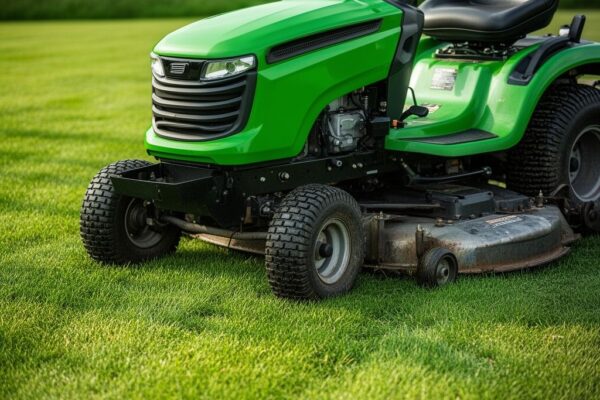 Zelený zahradní traktor na čerstvě posečené trávě, detail motoru a nožů pod nízkým úhlem