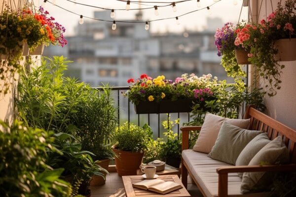 Pohodlný balkon s rostlinami, květinami, lavičkou, stolkem s kávou a knihou, městský výhled v pozadí.