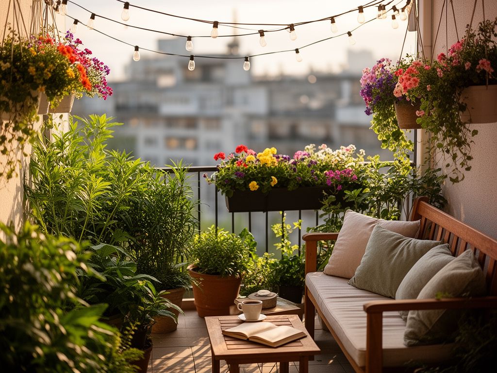 Pohodlný balkon s rostlinami, květinami, lavičkou, stolkem s kávou a knihou, městský výhled v pozadí.