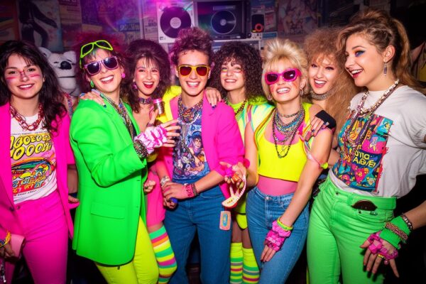 Skupina mladých lidí na 80. let party s neonovými barvami, retro oblečením a diskotékovými světly v interiéru.