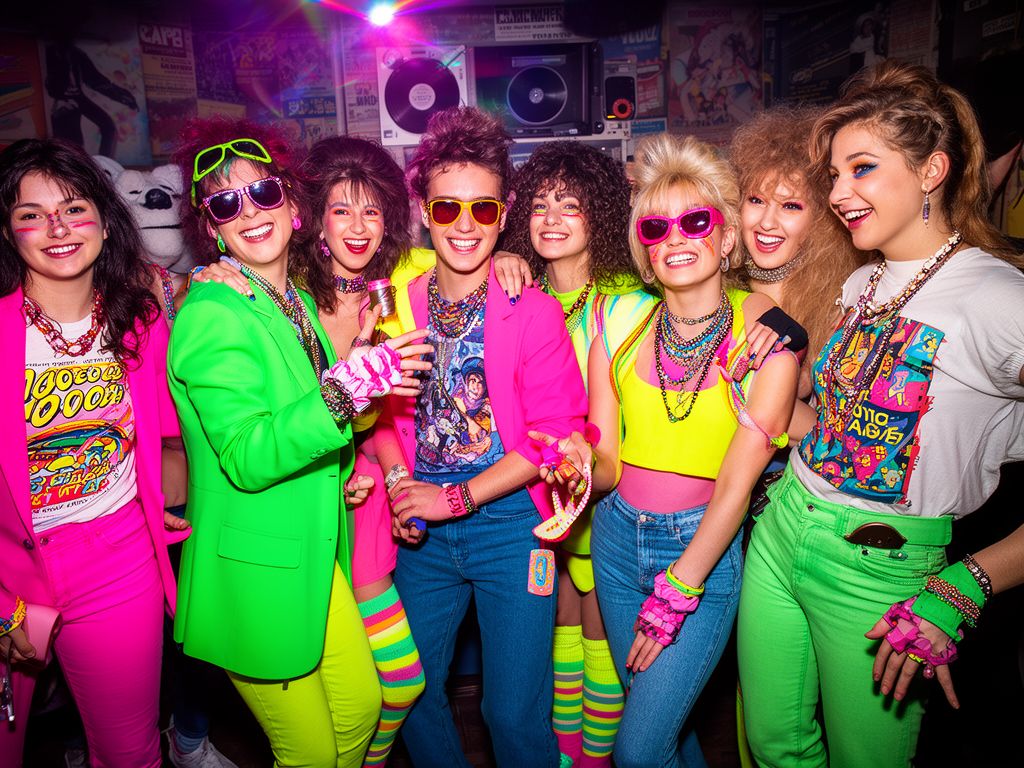 Skupina mladých lidí na 80. let party s neonovými barvami, retro oblečením a diskotékovými světly v interiéru.