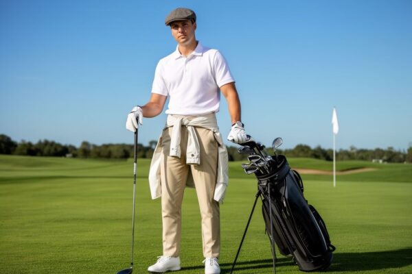 Stylový golfista na zeleném hřišti držící golfovou hůl s golfovou taškou a vlajkou v pozadí