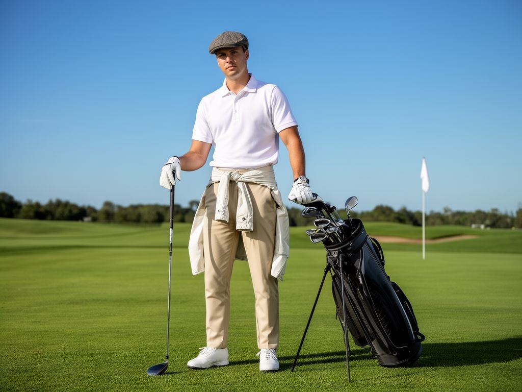 Stylový golfista na zeleném hřišti držící golfovou hůl s golfovou taškou a vlajkou v pozadí