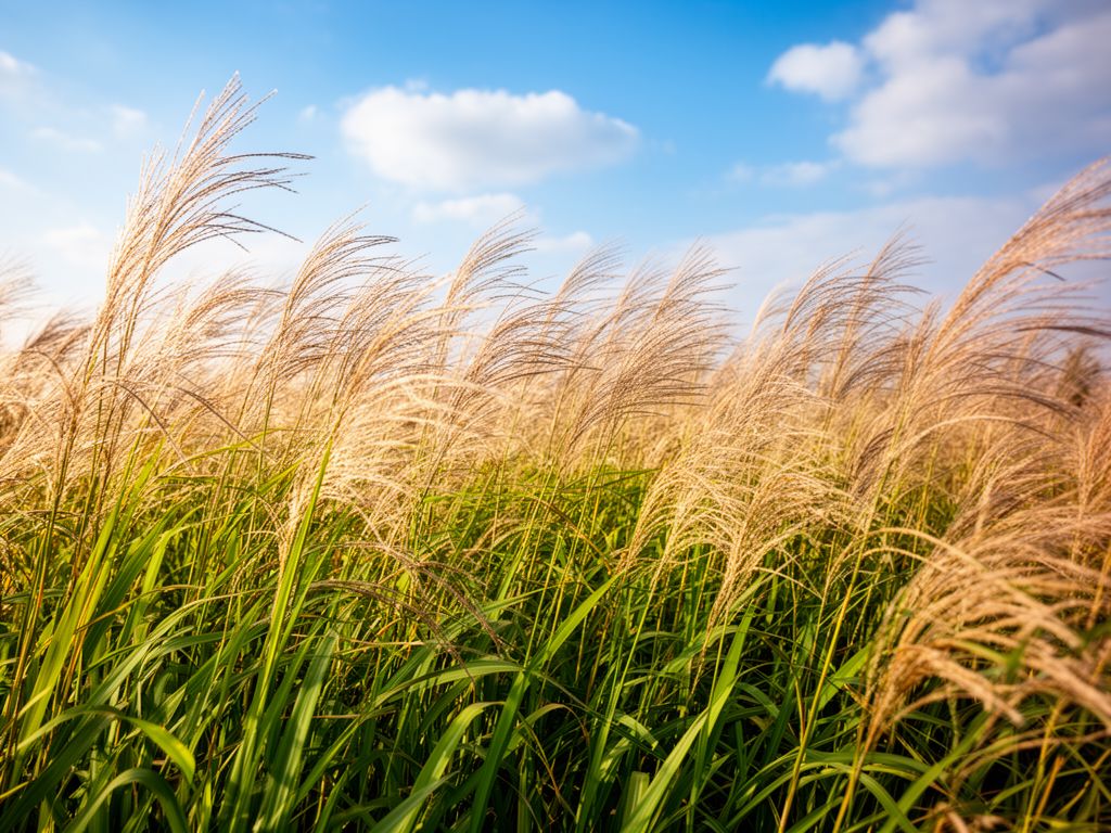 Pole vysokého Miscanthus pod modrou oblohou ideální pro pěstování energetických plodin
