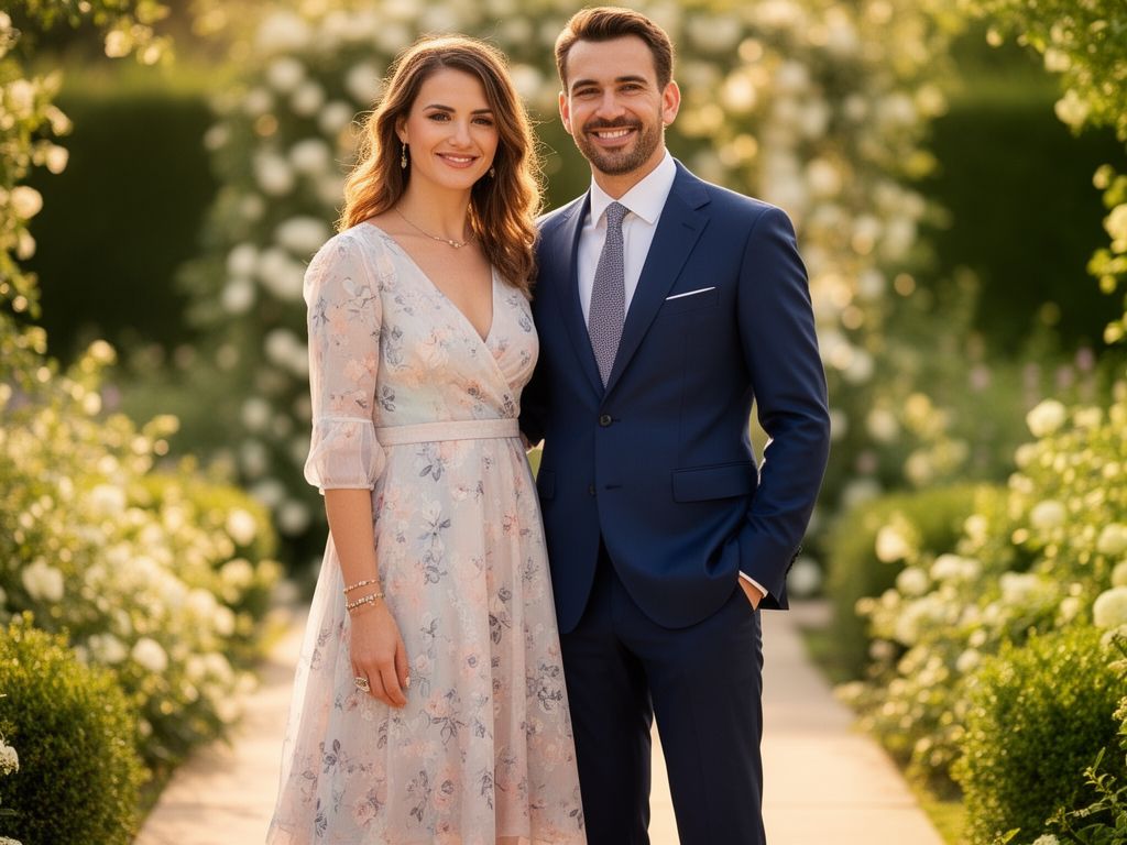 Elegantní svatební pár venku na slunečné zahradní cestě, v modrém obleku a pastelových šatech.