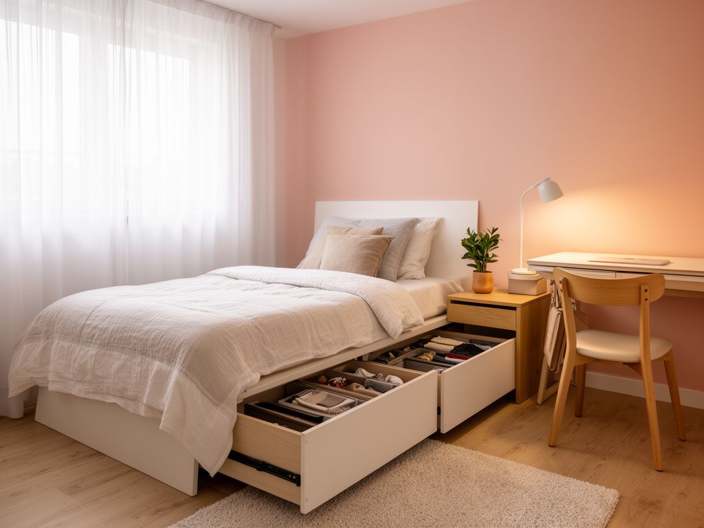 Malá světlá ložnice s minimalistickým skandinávským nábytkem a praktickým úložným prostorem pod postelí