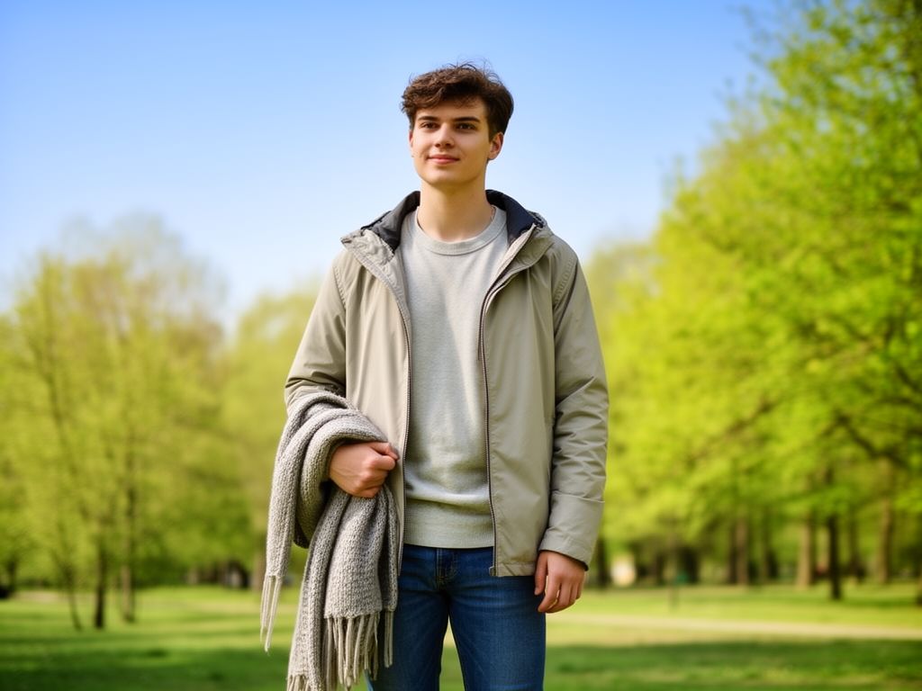 Mladý člověk v lehké bundě drží šálu venku v parku za jarního dne s modrou oblohou
