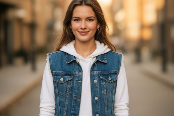 Mladá žena v modré džínové vestě a bílé košili, stojící venku při zlaté hodině na ulici.