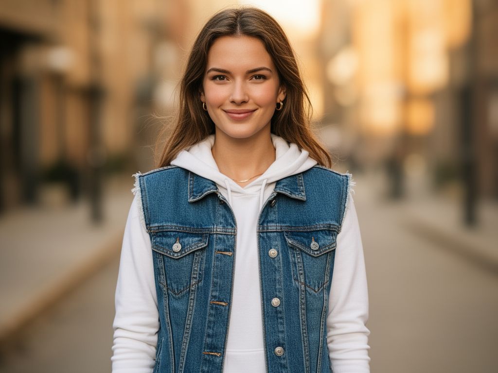 Mladá žena v modré džínové vestě a bílé košili, stojící venku při zlaté hodině na ulici.