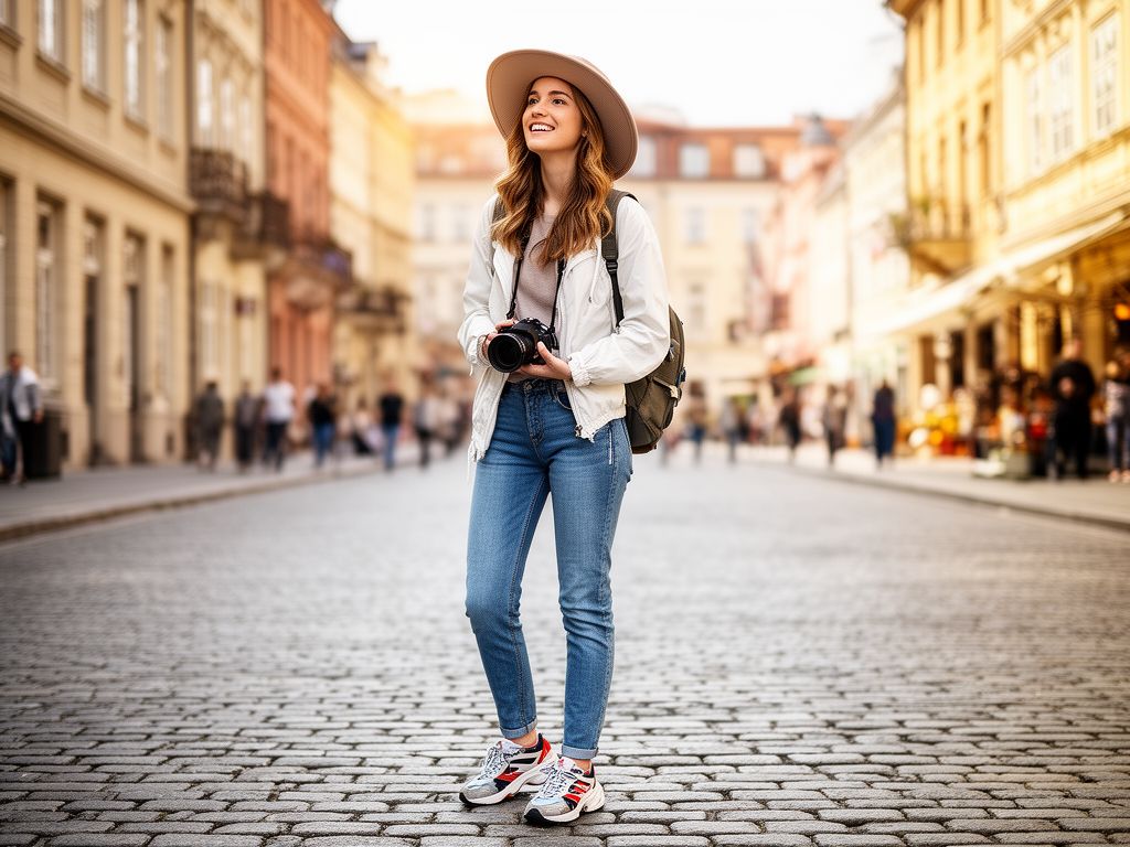 Mladá žena s batohem a fotoaparátem prozkoumává město s historickými budovami za ní.