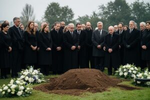 Skupina lidí v černém stojí u čerstvého hrobu s květinami za pochmurného dne.