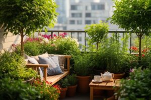 Malý městský balkon se zahradou, rostliny, lavička a stůl s čajovou soupravou, městský výhled.
