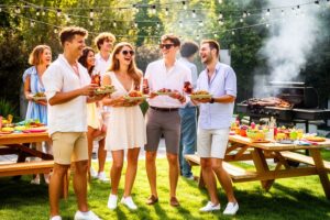 Skupina mladých profesionálů na letním grilu venku, jídlo, pití a přátelská atmosféra