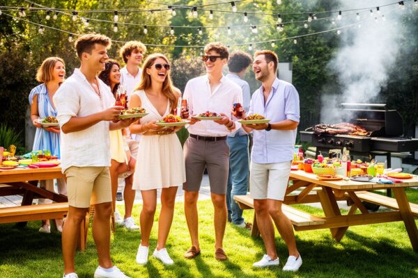 Skupina mladých profesionálů na letním grilu venku, jídlo, pití a přátelská atmosféra