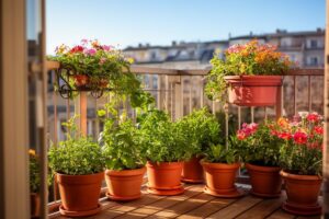 Sluneční balkon s květináči na dřevěném zábradlí, zelenými rostlinami a městským pozadím.