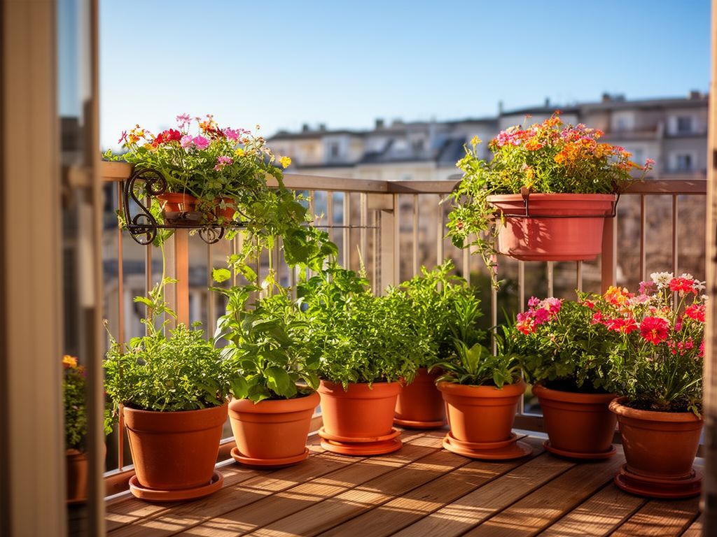 Sluneční balkon s květináči na dřevěném zábradlí, zelenými rostlinami a městským pozadím.