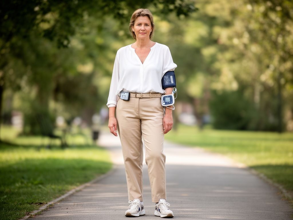 Žena s Holterovým monitorem krevního tlaku v parku v běžném oblečení, klidný výraz